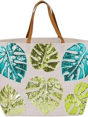Tropical Leaf Sequin Tote Bag, Green and Teal, with zippered pouch